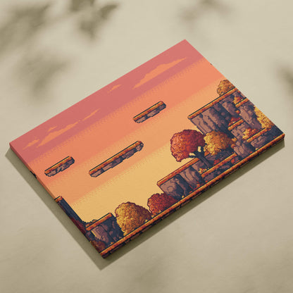 Rectangular canvas print of autumn platformer pixel art with floating stone platforms and orange pink sunset sky