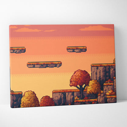 Autumn platformer pixel art canvas print showing a retro orange forest game landscape with floating platforms and stone structures