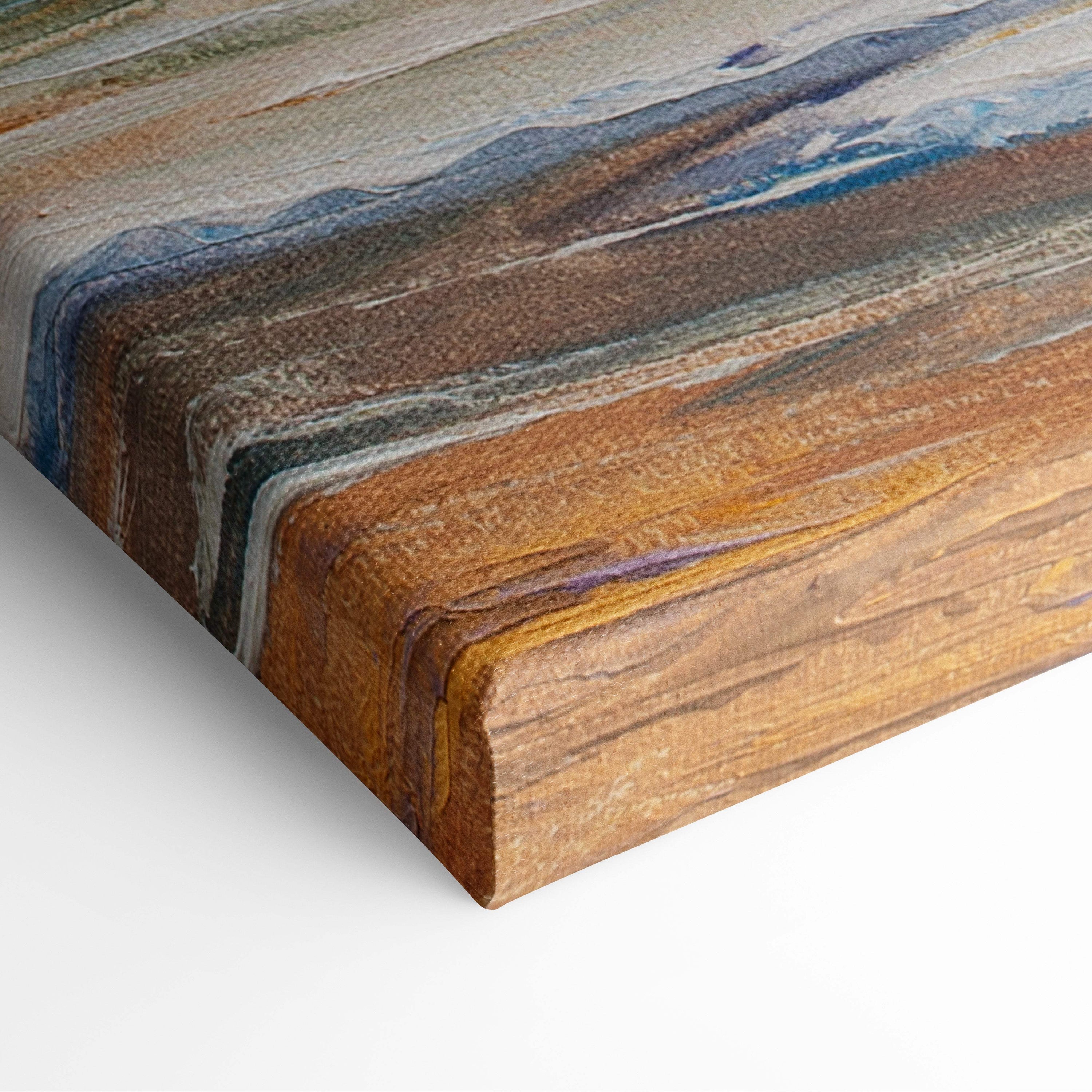 Canvas print of textured abstract landscape with earthy brown muted blue and gray hues in ocean waves painting style