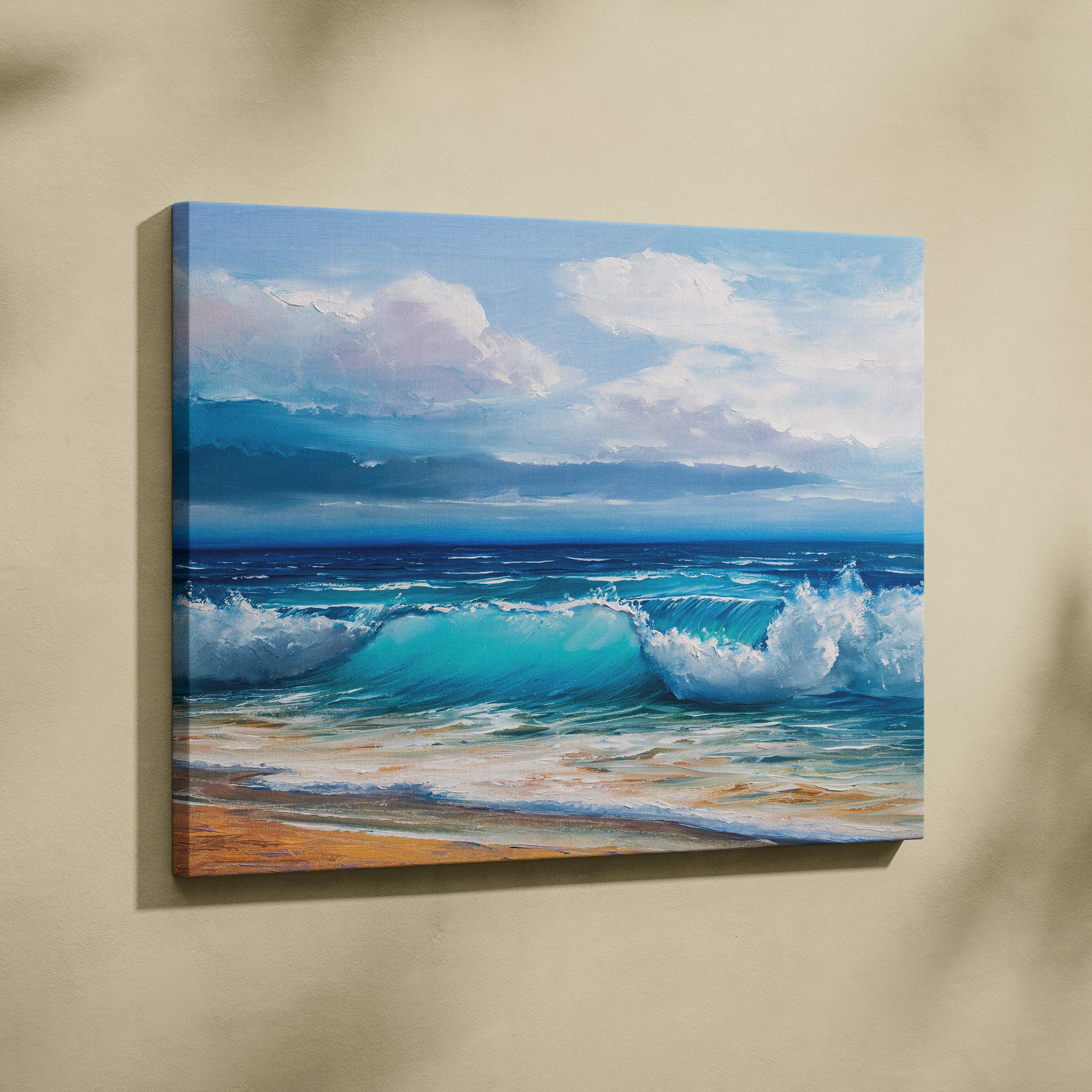 A vibrant ocean waves painting on stretched canvas with turquoise sea, rolling surf, and coastal sky seascape print