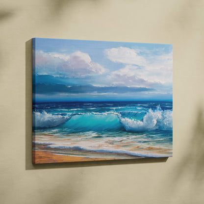 A vibrant ocean waves painting on stretched canvas with turquoise sea, rolling surf, and coastal sky seascape print