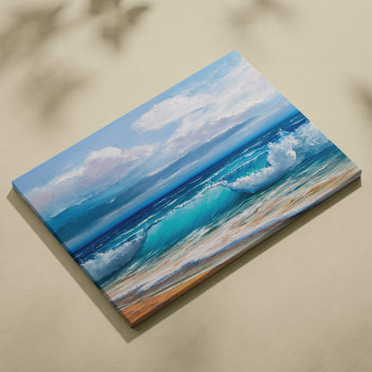 Ocean waves painting style wall art canvas print featuring vibrant turquoise waves and coastal sky seascape