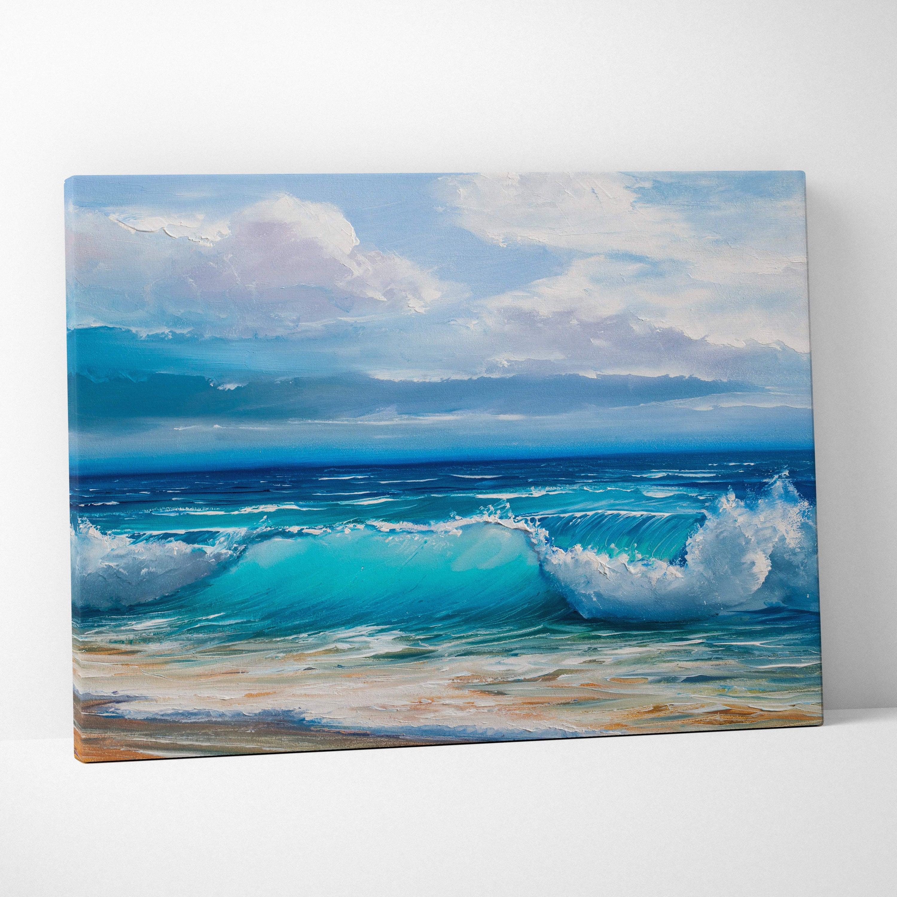 Vibrant ocean waves painting style wall art with textured brushstrokes in turquoise white and deep blue on canvas