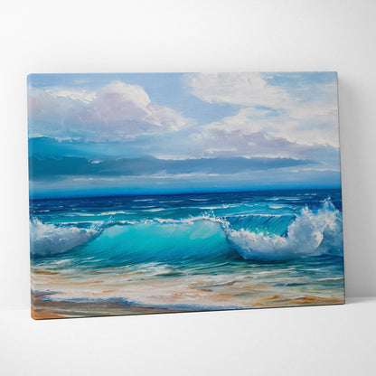 Vibrant ocean waves painting style wall art with textured brushstrokes in turquoise white and deep blue on canvas