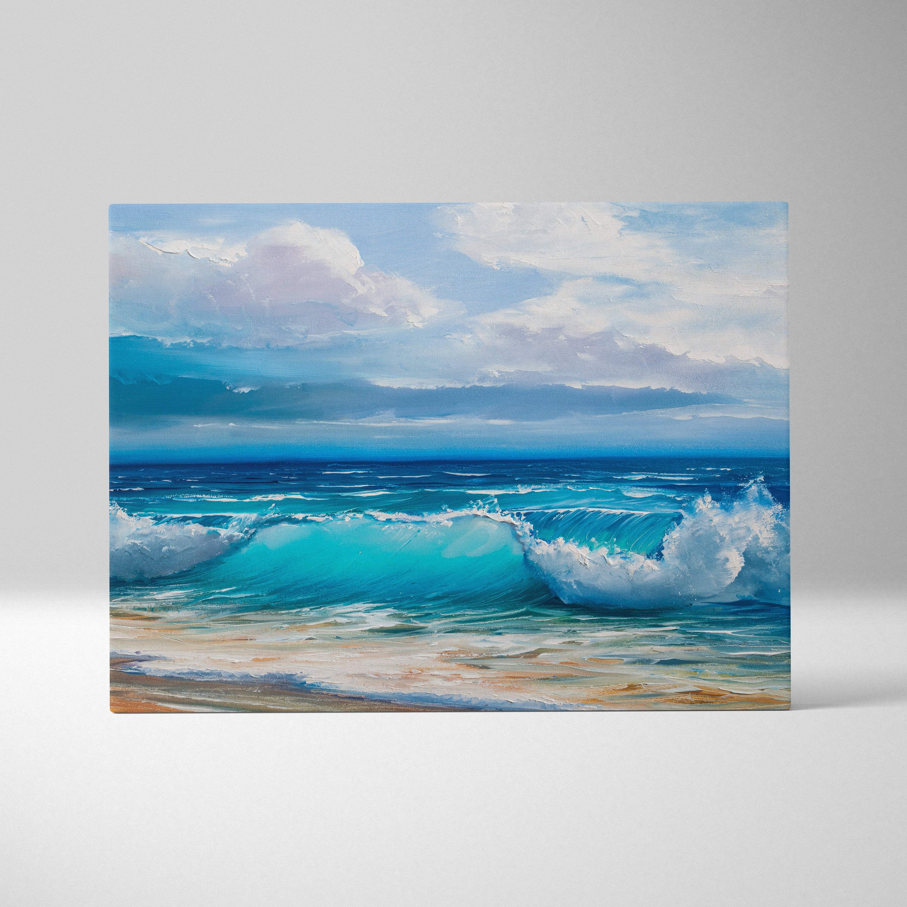 Ocean waves painting style wall art featuring vibrant turquoise sea and white foam on a soft sky canvas print