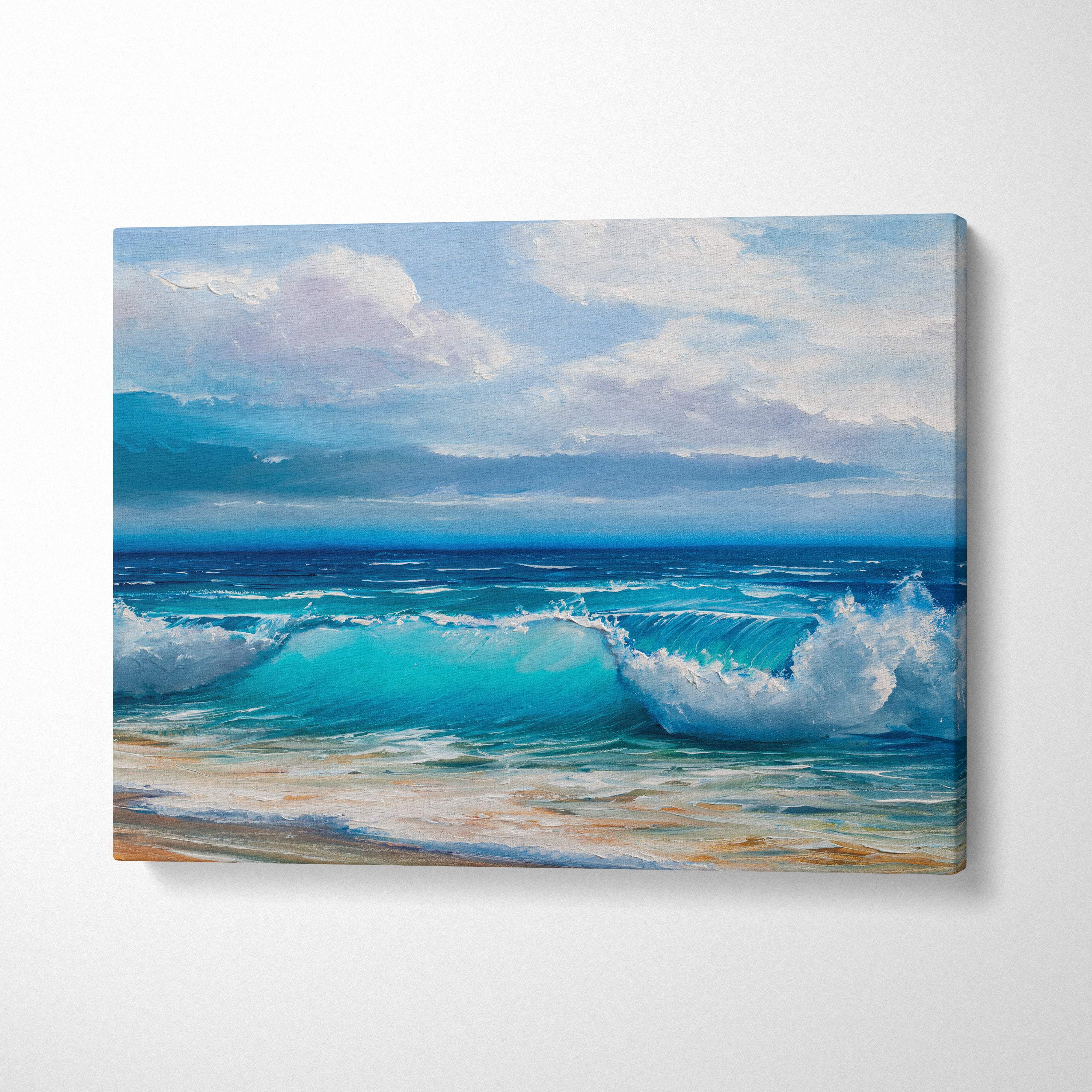 Ocean waves painting style wall art on canvas featuring vibrant turquoise sea, rolling surf, and coastal sky seascape