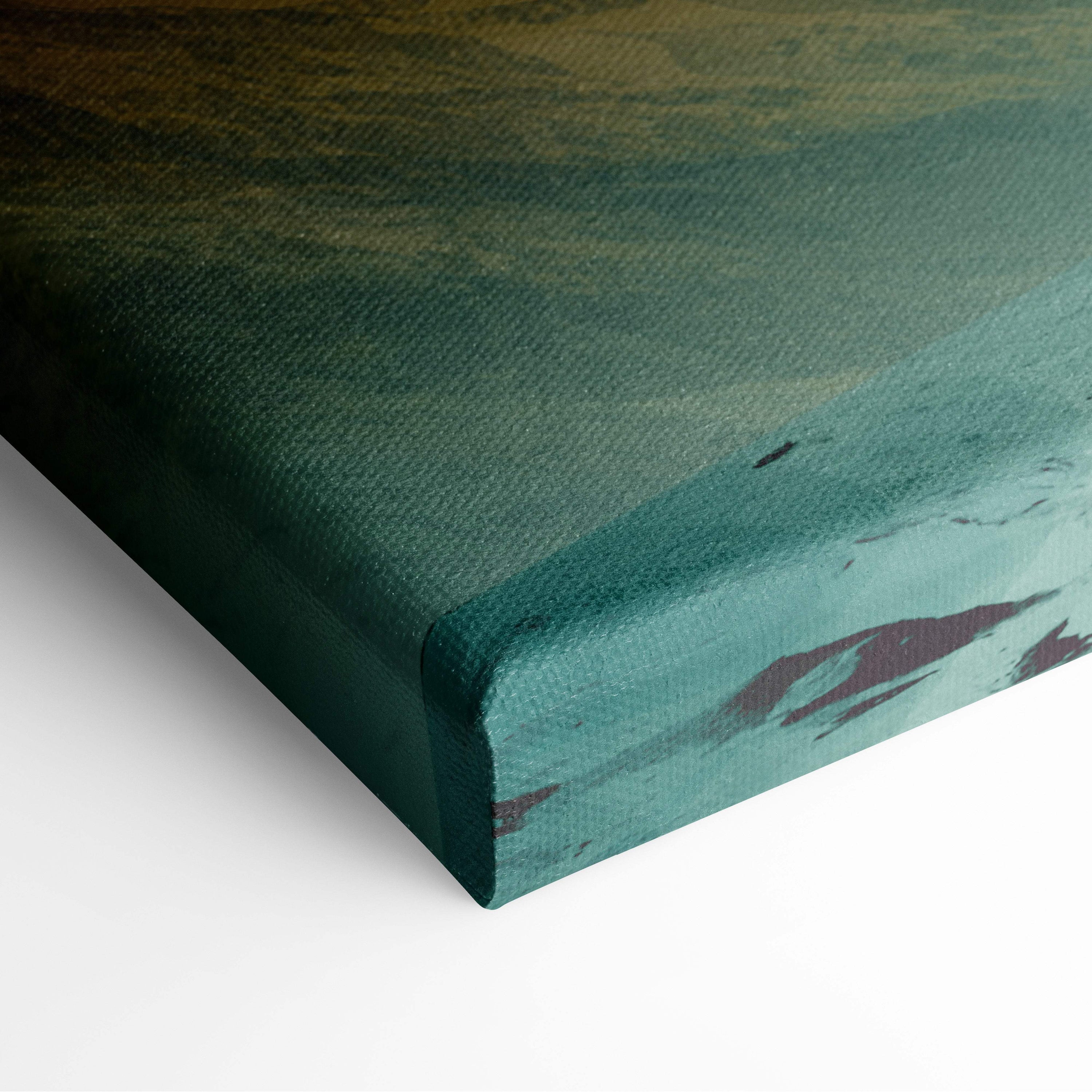 Teal and olive green canvas print with textured painted surface for snowy mountain explorer wall art decor