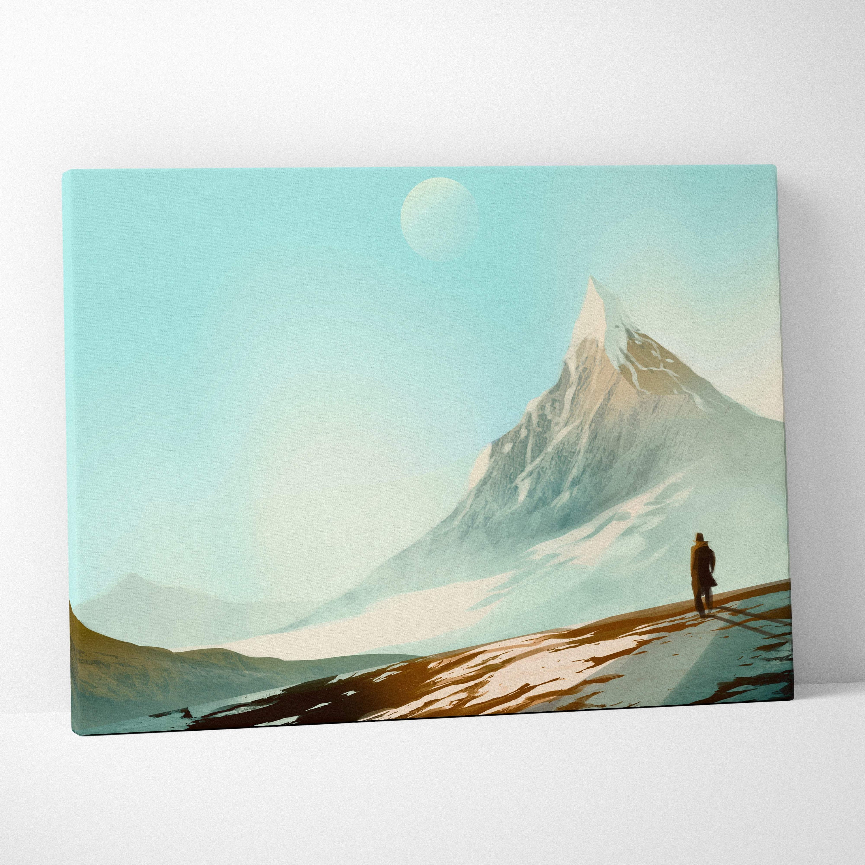 Rectangular canvas print featuring a stylized snowy mountain landscape with teal gold hues and a lone explorer figure