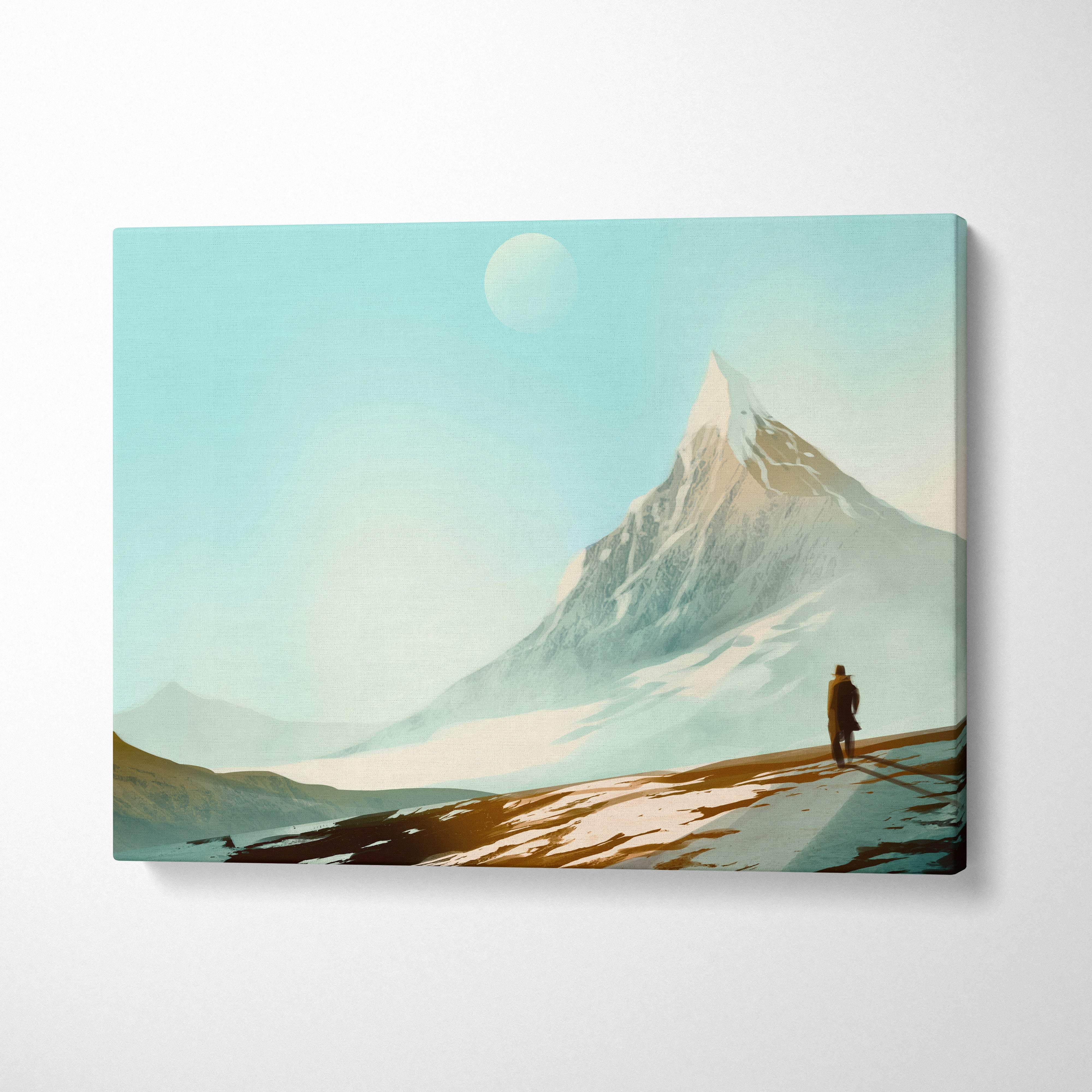 Rectangular canvas print of teal and gold snowy mountain landscape with lone figure under pale moon for serene decor