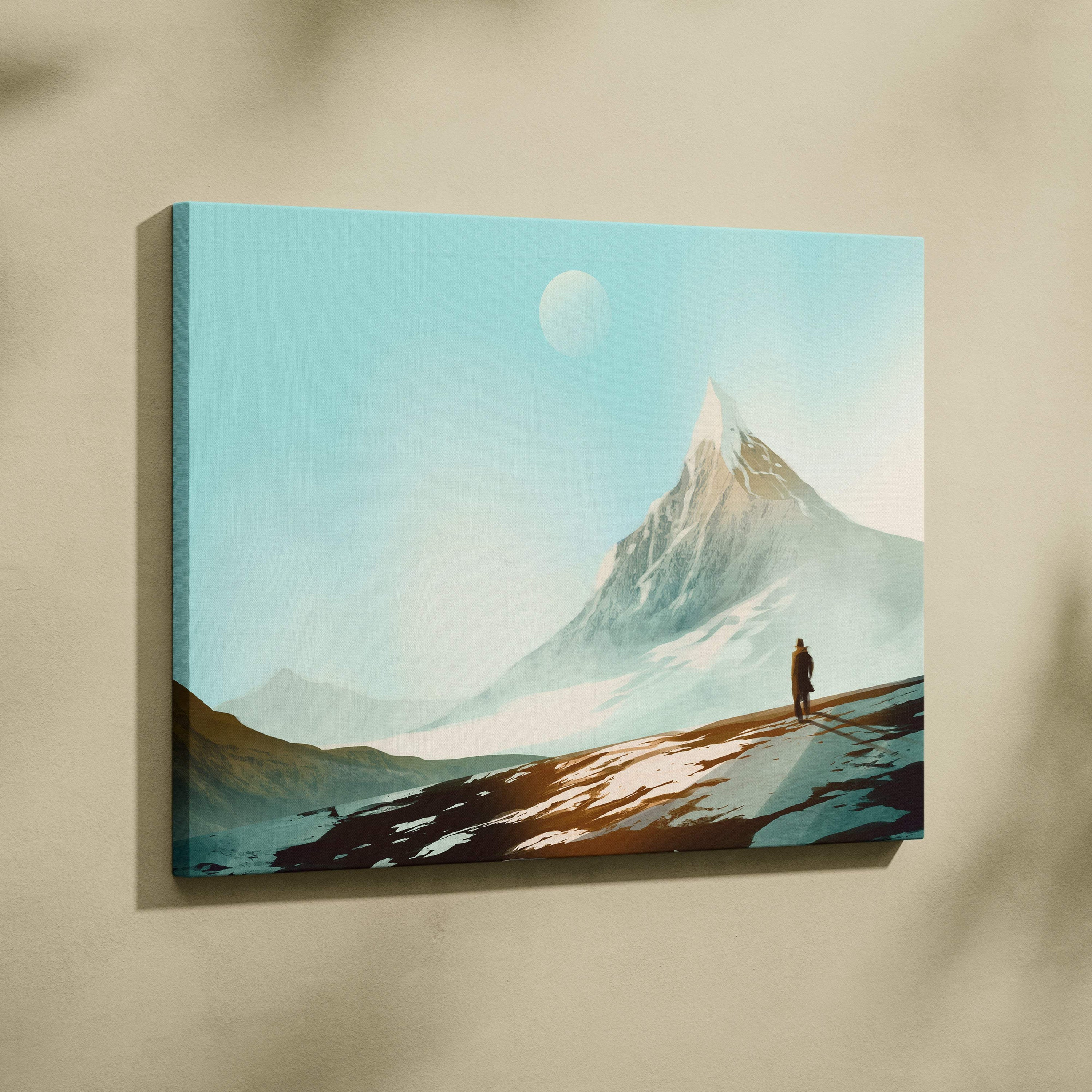 Snowy mountain explorer canvas print with teal gold alpine colors shows a lone figure by a snow-capped peak under moonlight