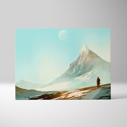Rectangular canvas print of a teal gold snowy mountain landscape with a lone figure under a pale celestial body
