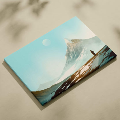 A rectangular canvas print featuring a teal gold stylized snowy mountain landscape with a lone figure on a path