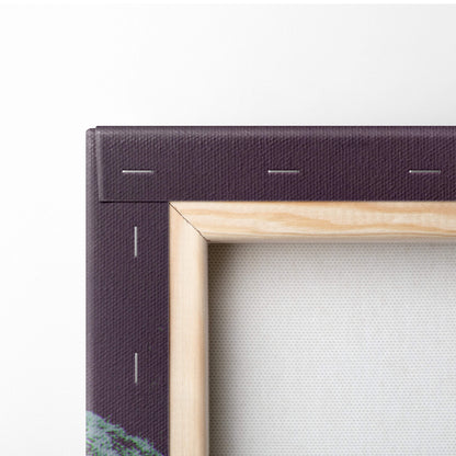 Surreal stairway to sky canvas wall art with natural wood frame and deep purple textured border for dreamy decor