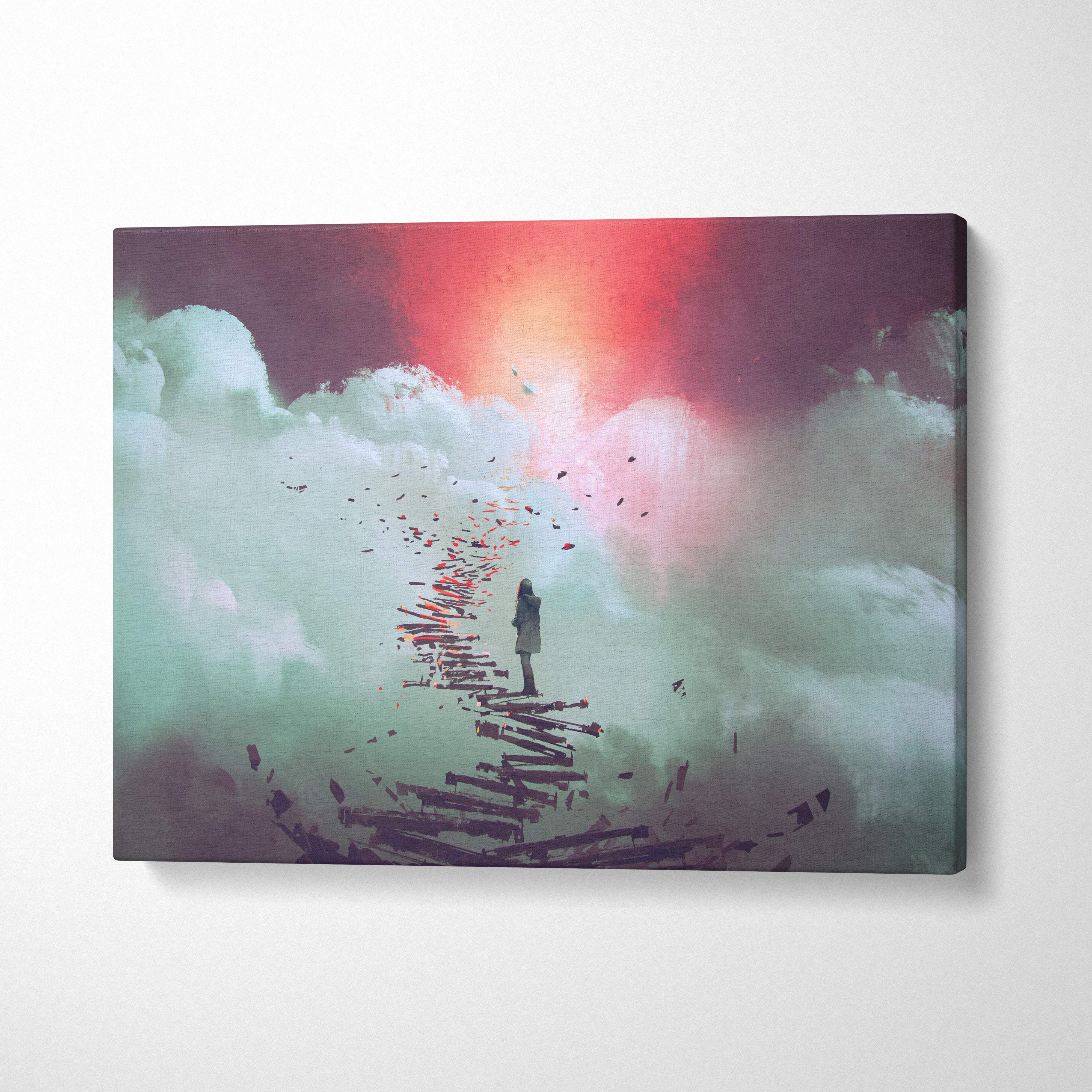 Rectangular canvas wall art featuring a lone figure walking on a broken wooden plank path through red and orange swirling clouds