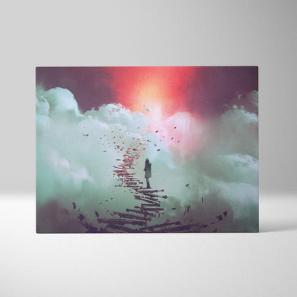 A rectangular canvas wall art showing a lone figure on a broken wooden path with red and pink clouds above