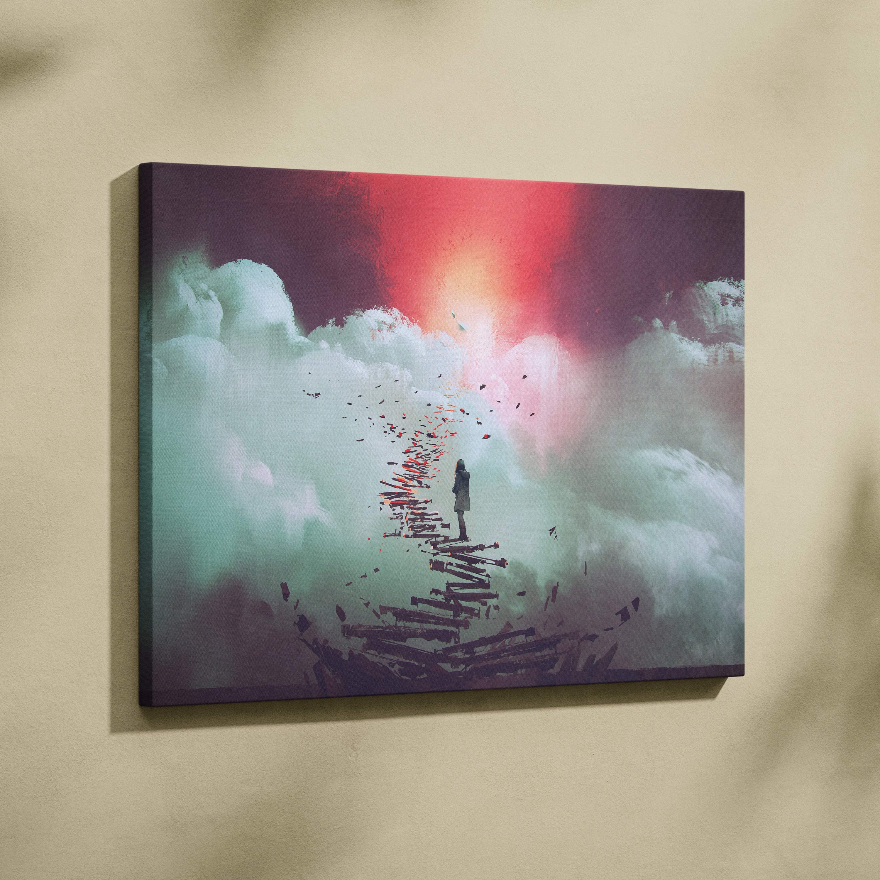 Rectangular canvas wall art of a lone figure walking on broken wooden planks through clouds with red orange sky background