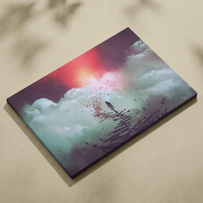 Rectangular canvas print of surreal stairway to sky with lone figure silhouette on broken bridge and red purple clouds background