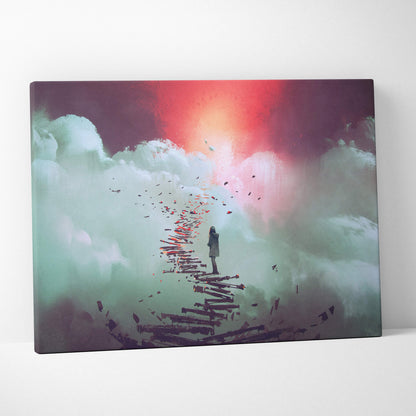 Rectangular surreal canvas wall art featuring a lone figure on a broken wooden path with red petals and colorful sky