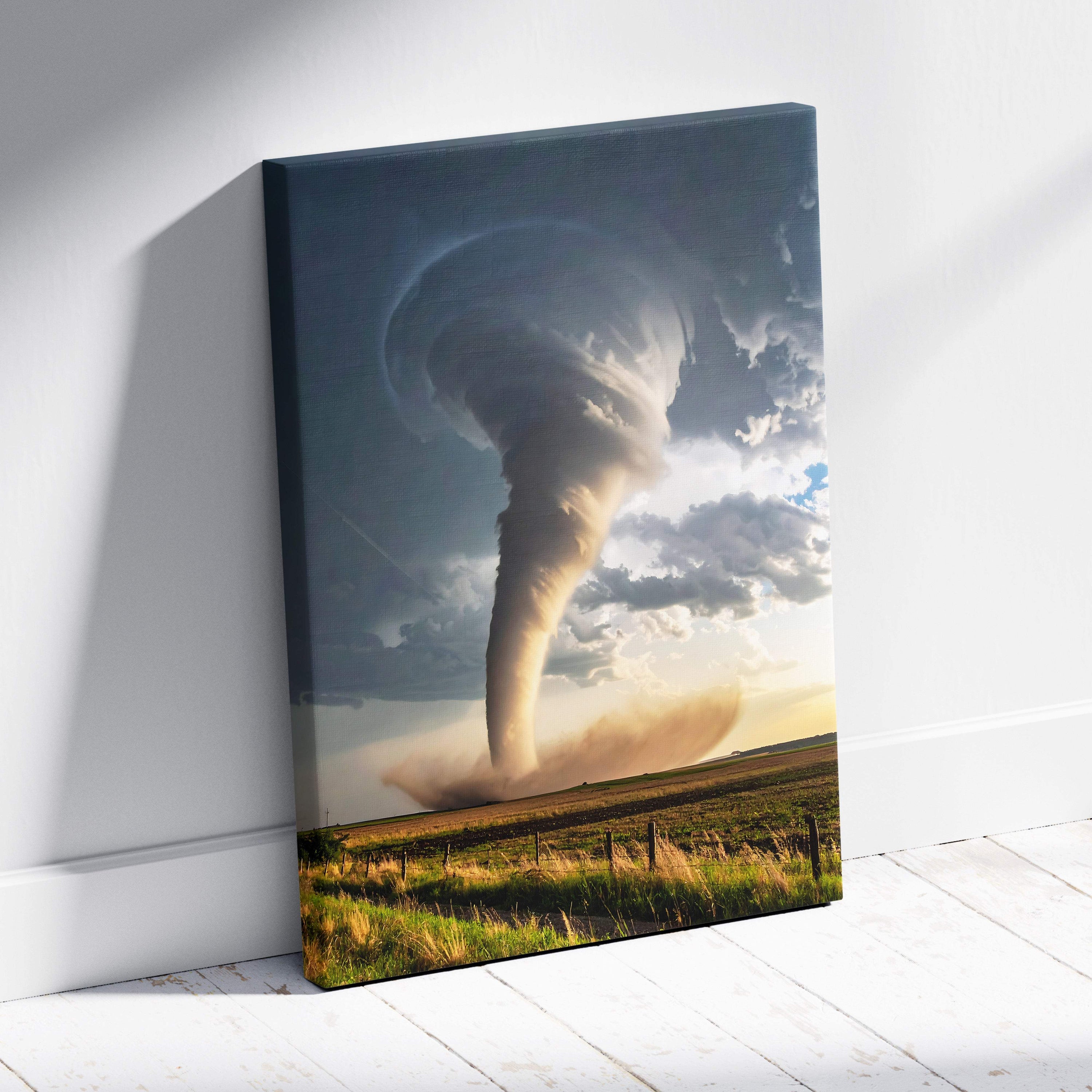 Canvas print of a massive supercell tornado swirling over a grassy field under a stormy sky for modern home decor