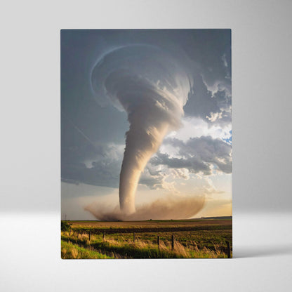 Massive supercell tornado canvas art featuring a dark gray and beige swirling funnel cloud storm landscape print