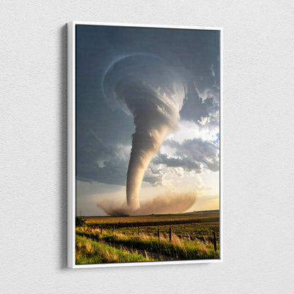A framed canvas art print of a powerful swirling gray and white tornado for modern home storm landscape decor
