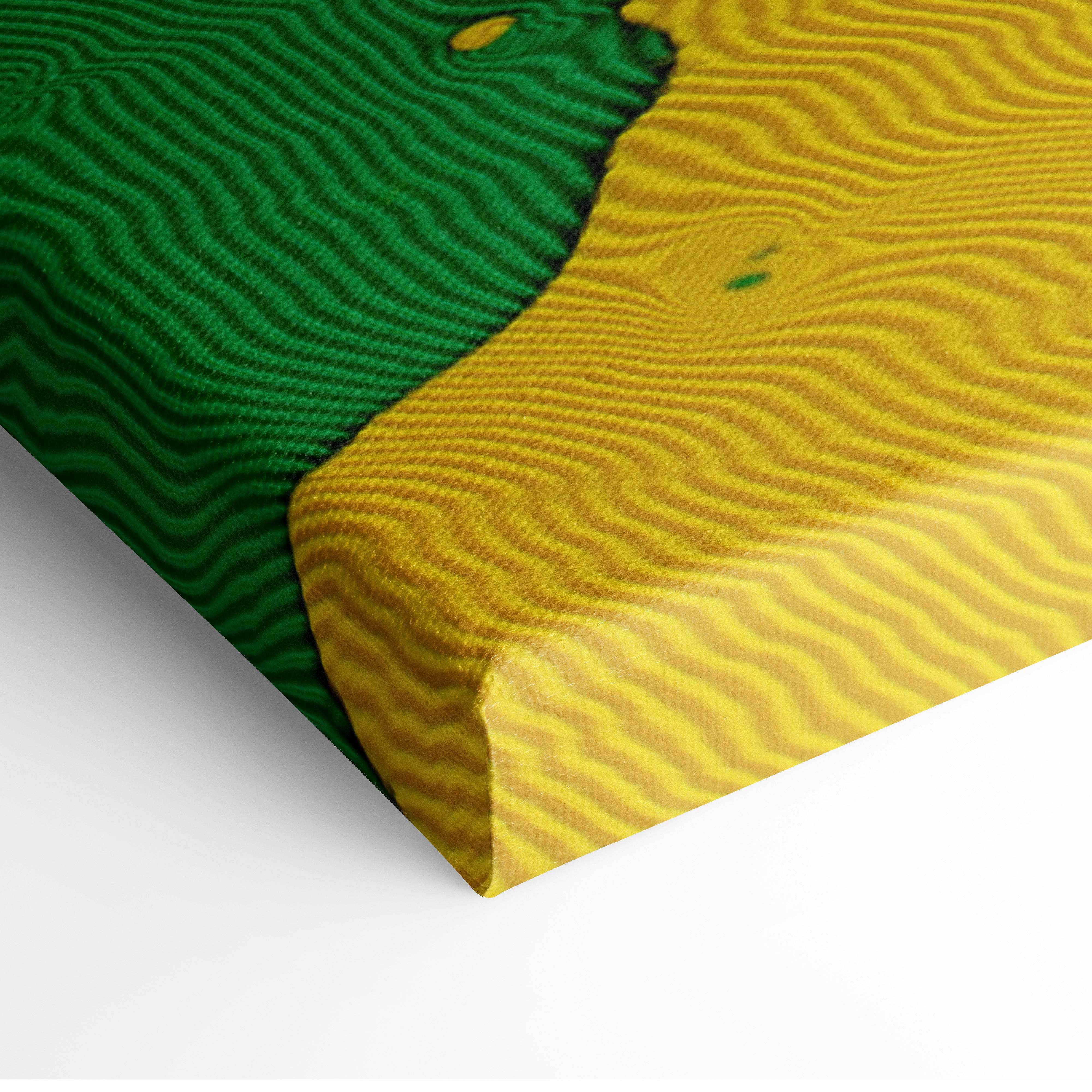 Contemporary rainbow glass canvas wall art with bold green and yellow wavy patterns in neon colorful abstract design