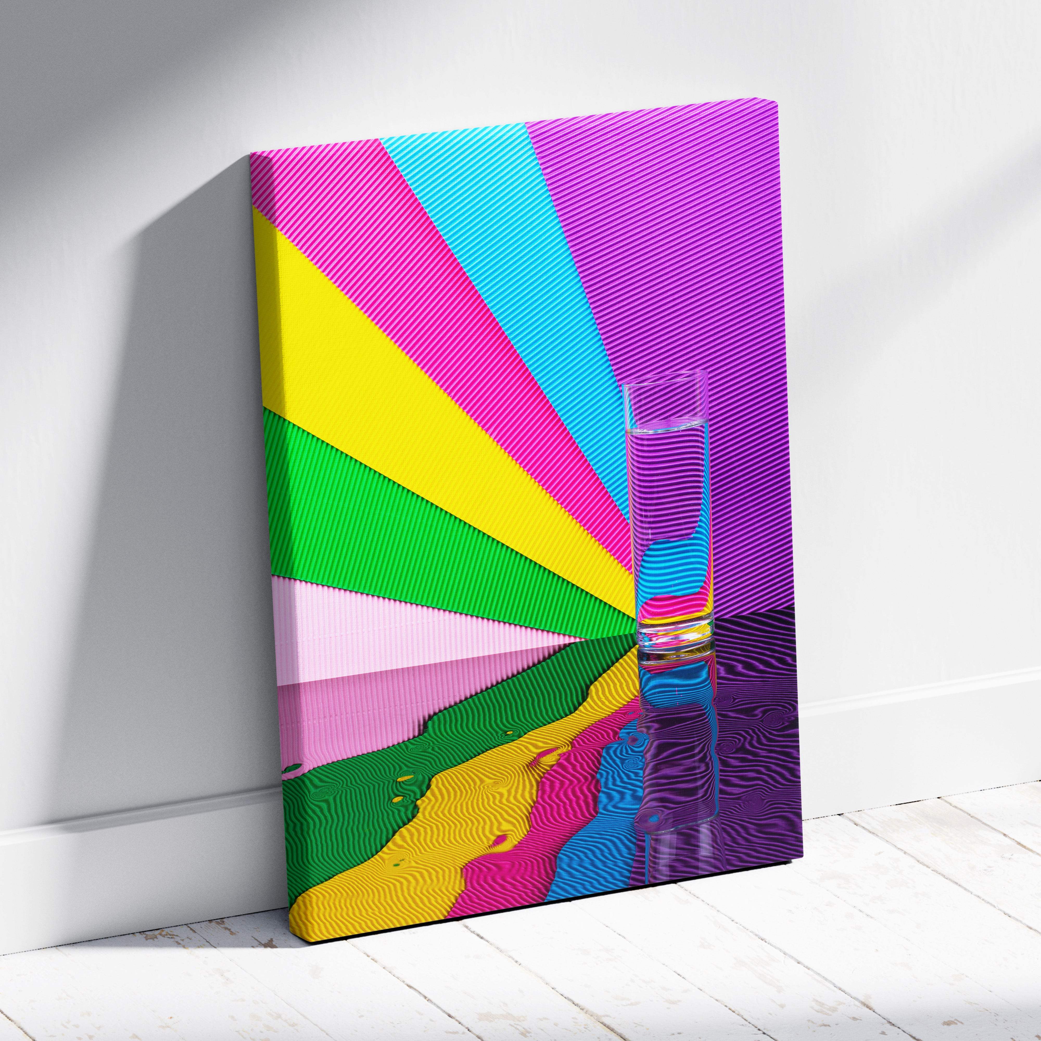 Contemporary rainbow glass canvas wall art with bold pink cyan yellow green purple stripes and reflective glass tumbler