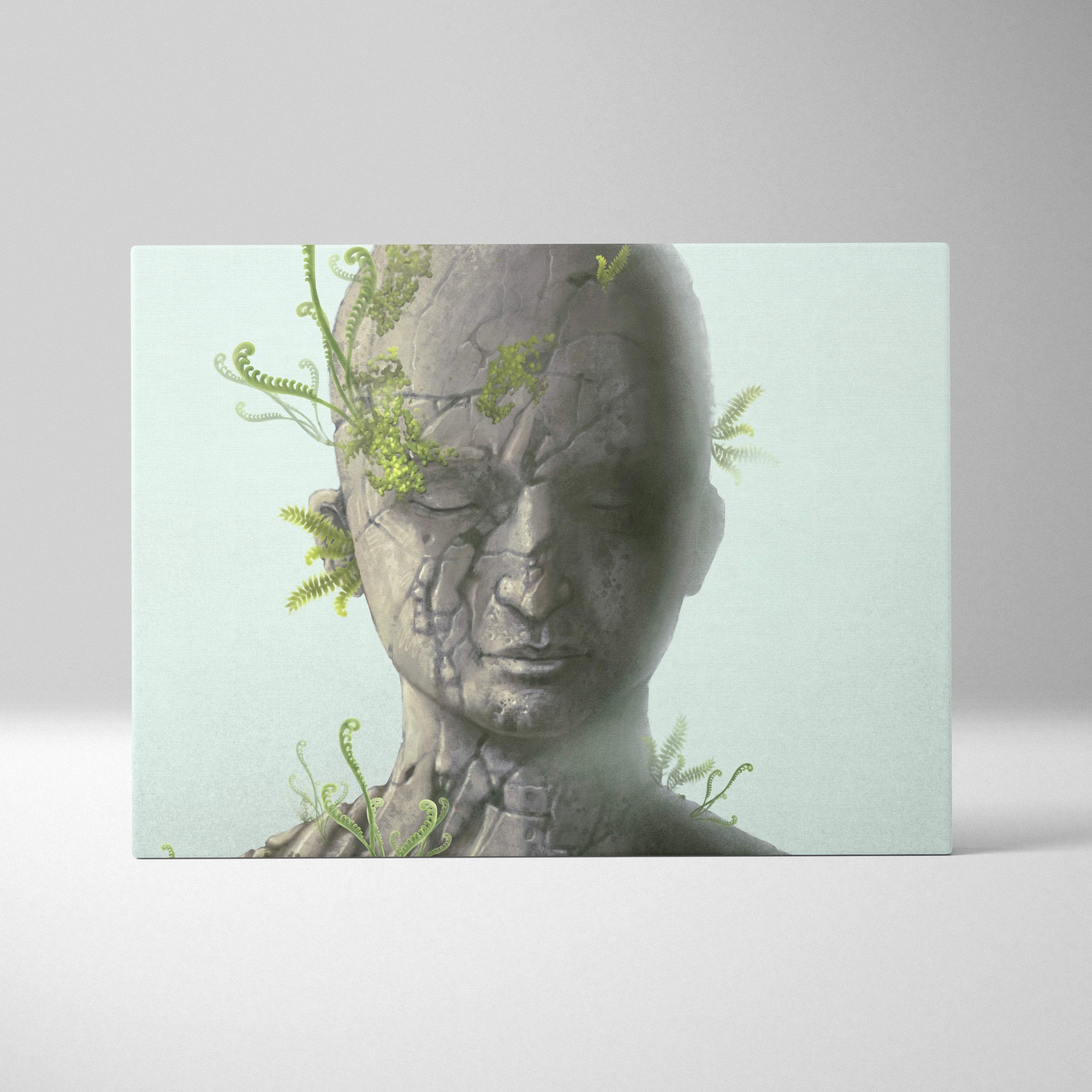 Contemporary cracked stone face canvas wall art with green ferns growing from a weathered stone bust surface