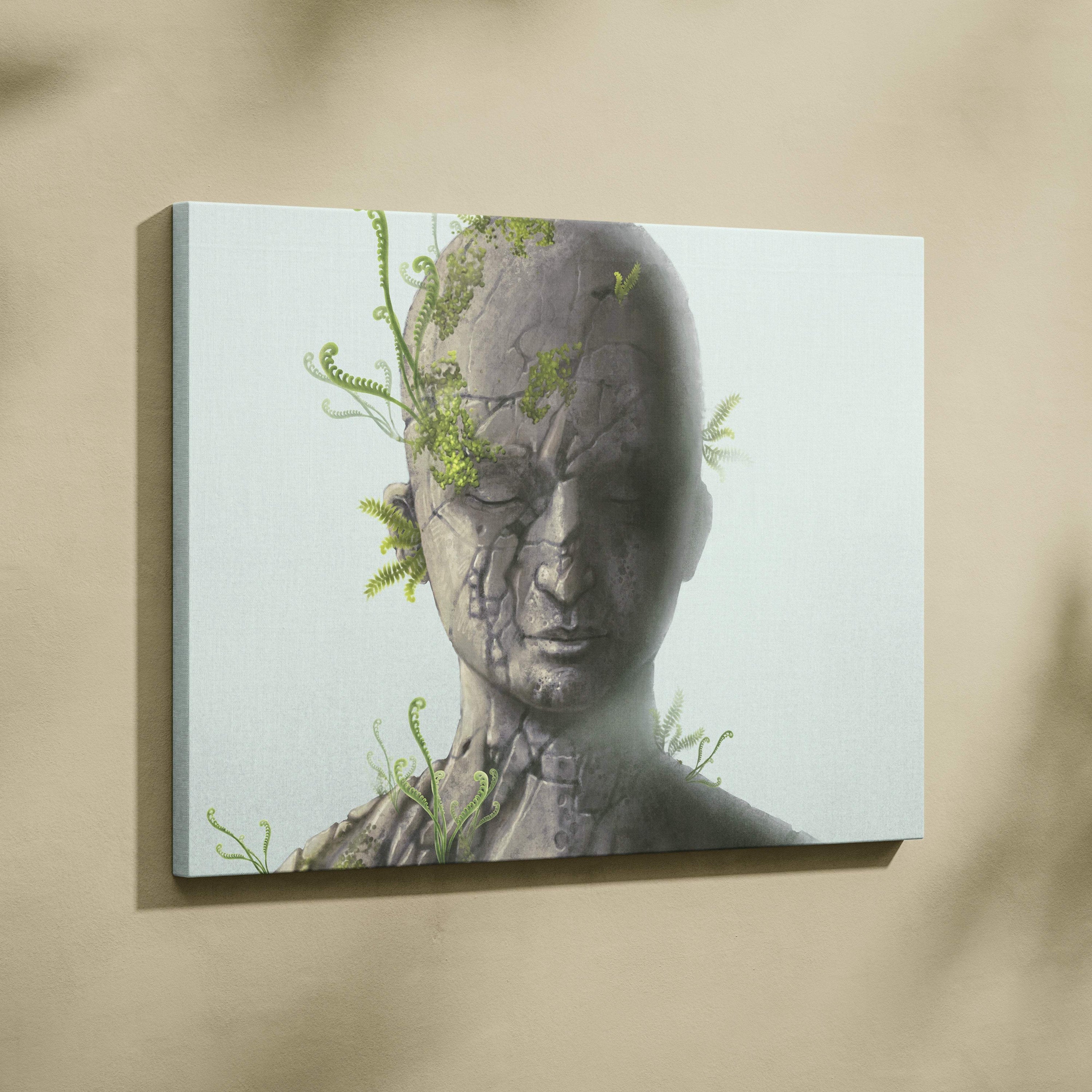 A contemporary canvas wall art featuring a gray cracked stone face with green ferns in a botanical portrait