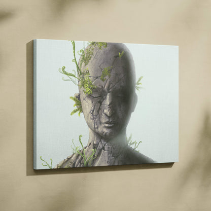 A contemporary canvas wall art featuring a gray cracked stone face with green ferns in a botanical portrait
