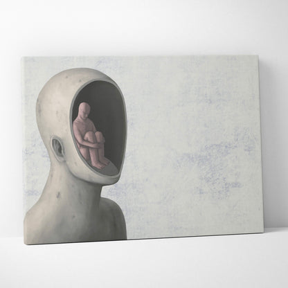Contemporary inner self canvas wall art featuring a gray surreal head portrait with a seated figure inside for office decor