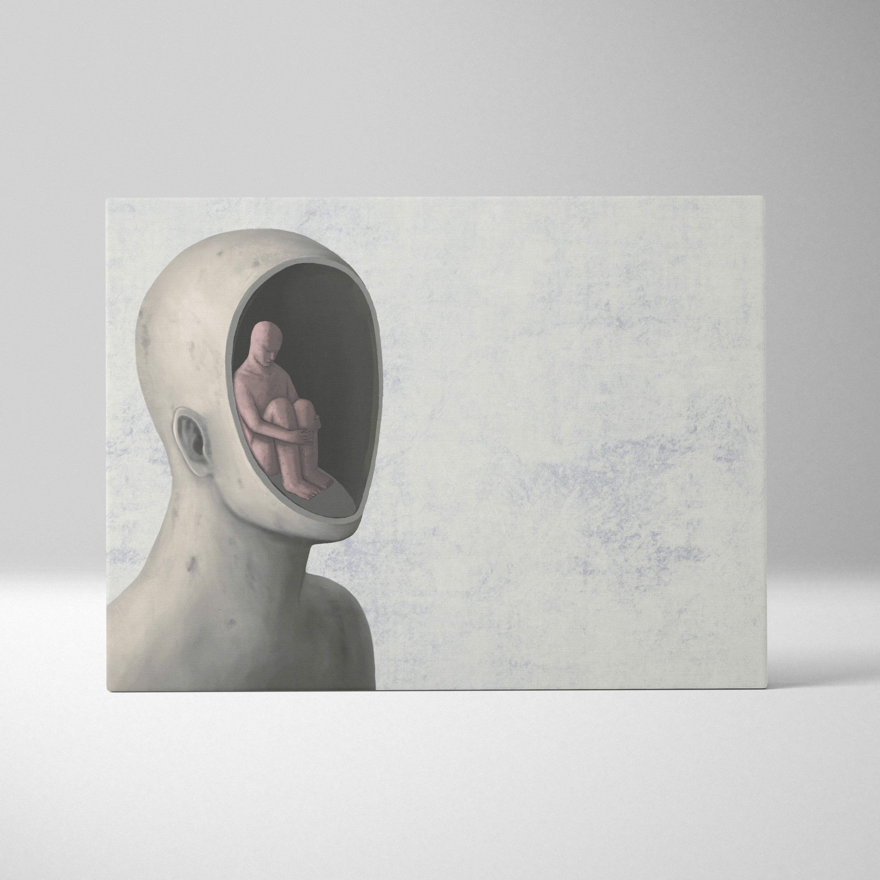 Contemporary inner self canvas wall art featuring a gray surreal smooth-headed sculpture with a seated figure inside the mouth cavity