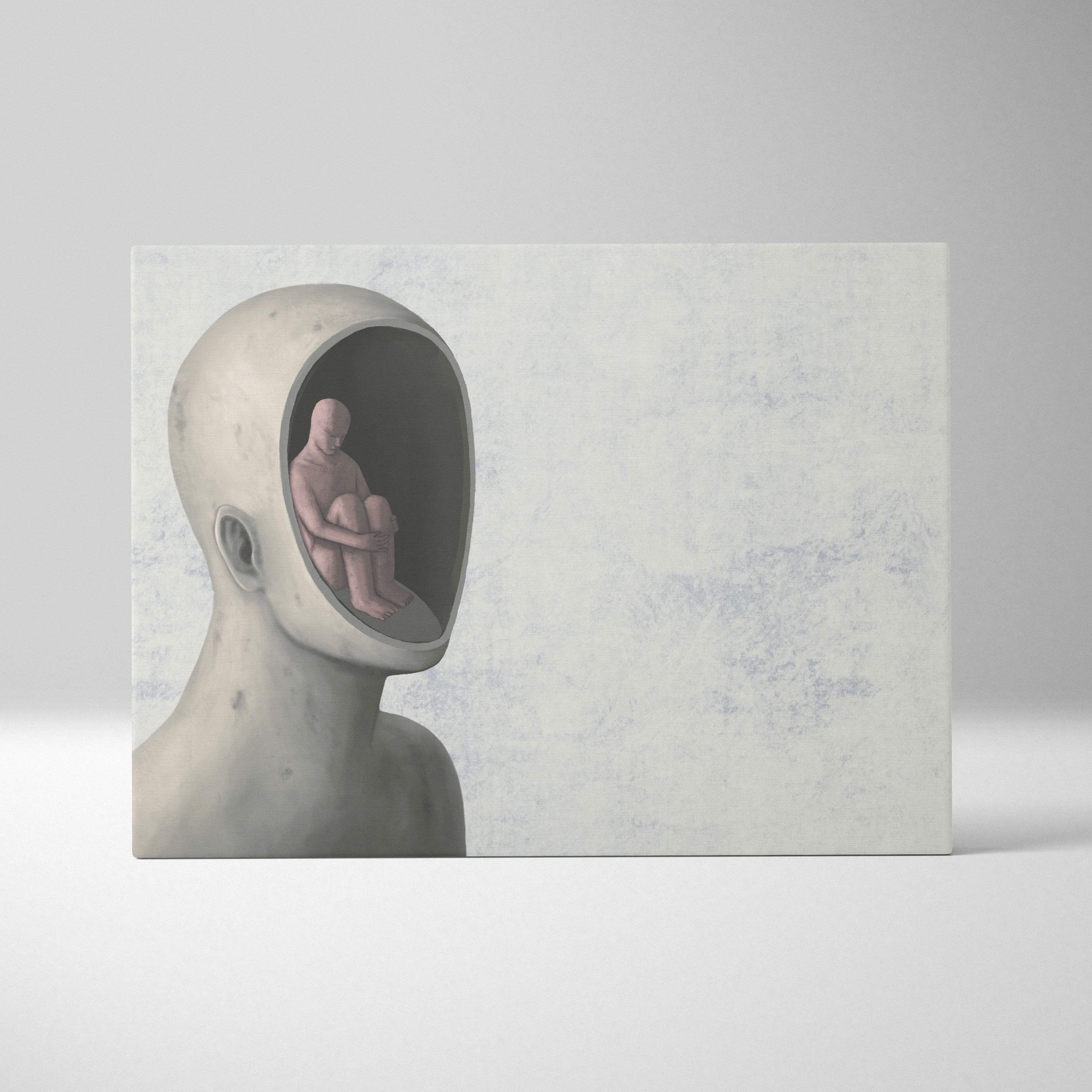 Contemporary inner self canvas wall art featuring a gray surreal smooth-headed sculpture with a seated figure inside the mouth cavity