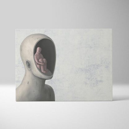 Contemporary inner self canvas wall art featuring a gray surreal smooth-headed sculpture with a seated figure inside the mouth cavity