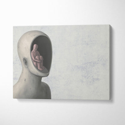 Contemporary gray canvas wall art featuring a minimalist sculpted head with a seated figure inside for office decor