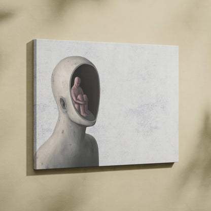 Contemporary gray canvas wall art with a minimalist surreal head portrait showing a seated figure inside for mental health decor