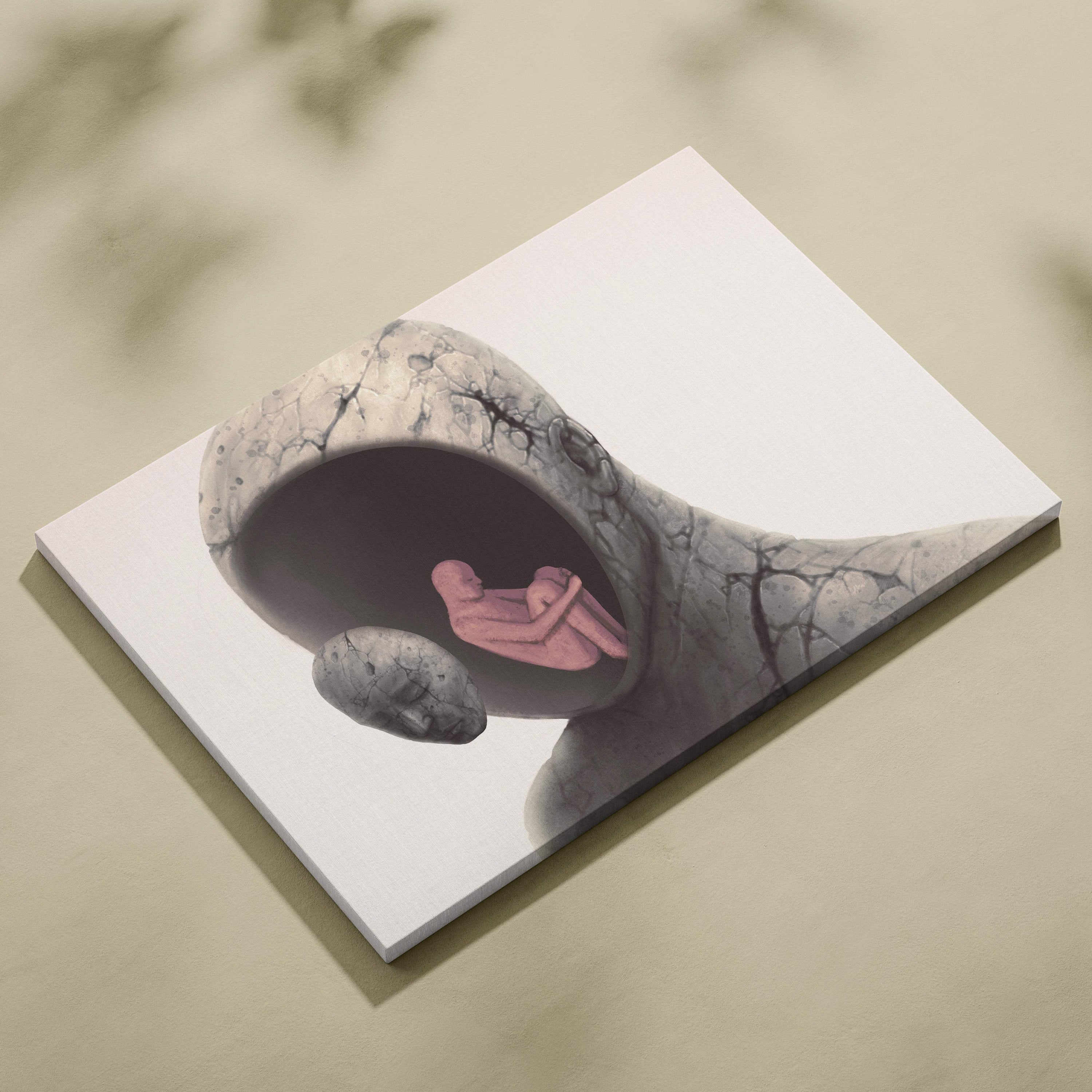 Contemporary canvas wall art featuring a pink fetus inside a cracked gray stone mouth for modern mental health decor
