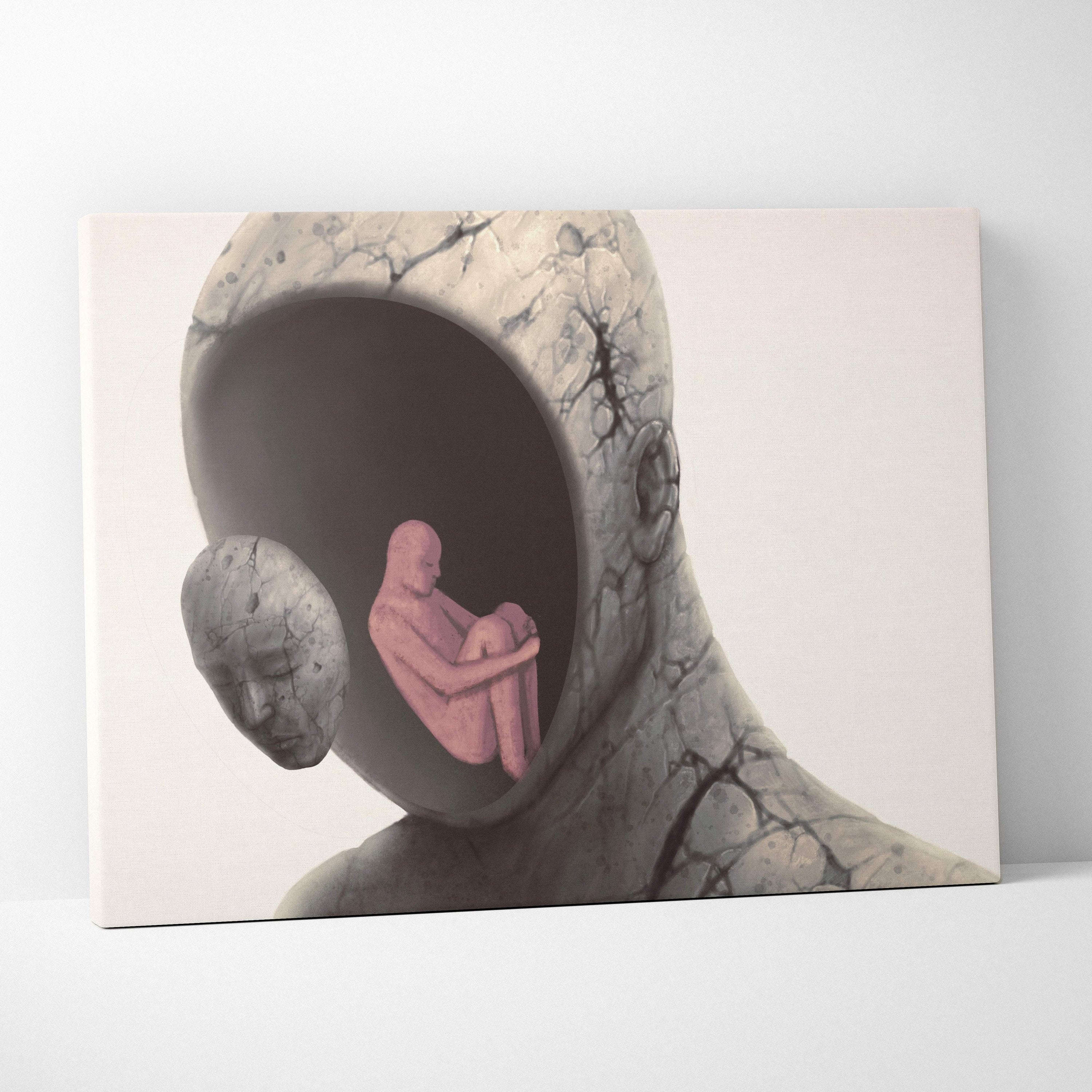 Contemporary inner child canvas wall art with cracked gray stone head and pink seated figure inside for mental health decor