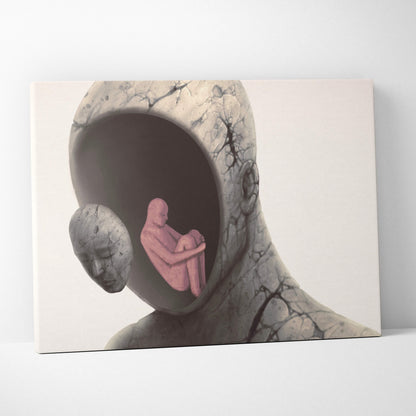 Contemporary inner child canvas wall art with cracked gray stone head and pink seated figure inside for mental health decor