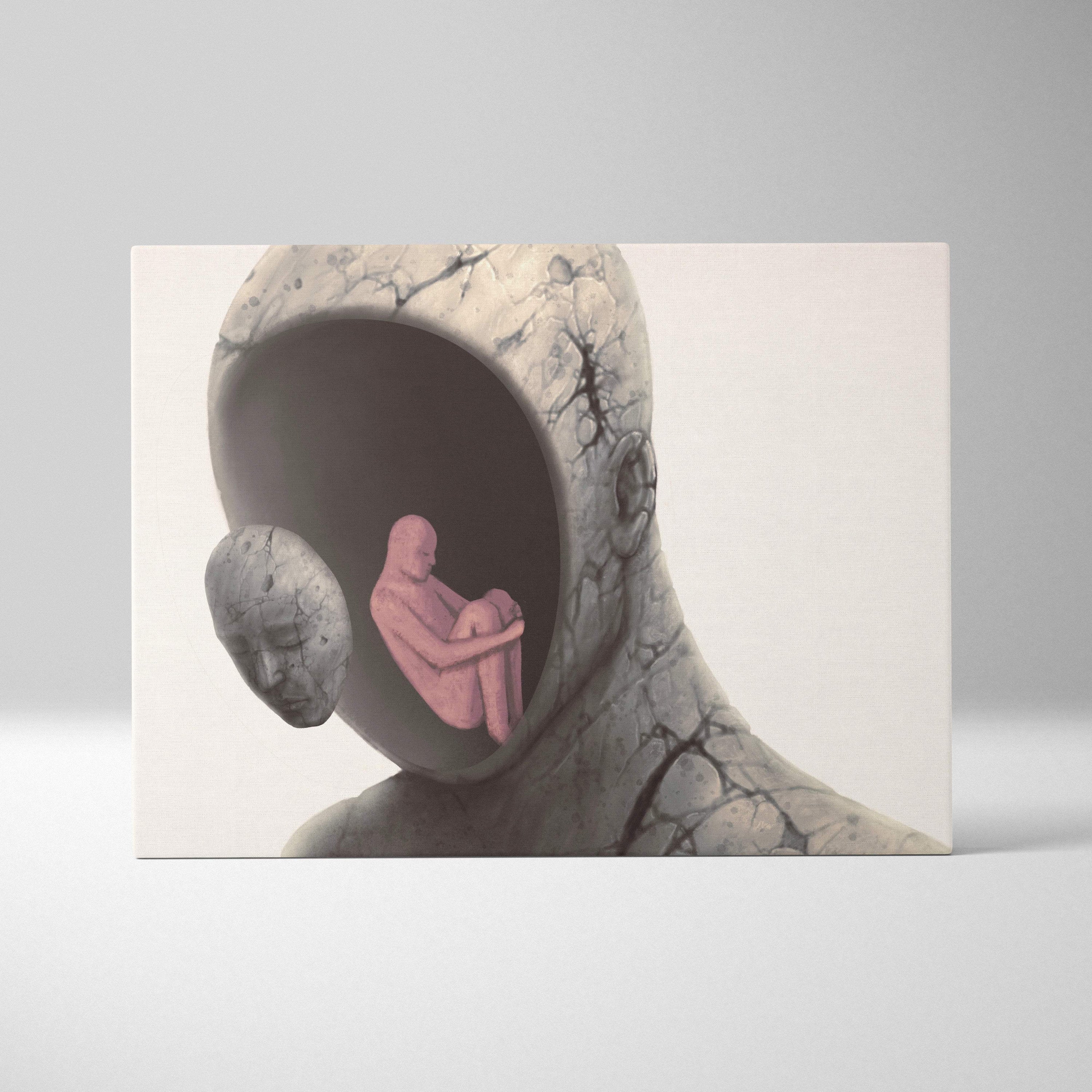 Contemporary canvas print of a cracked gray stone head with a pink seated figure inside for modern mental health decor