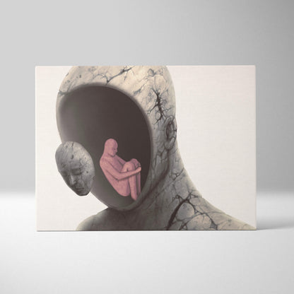 Contemporary canvas print of a cracked gray stone head with a pink seated figure inside for modern mental health decor