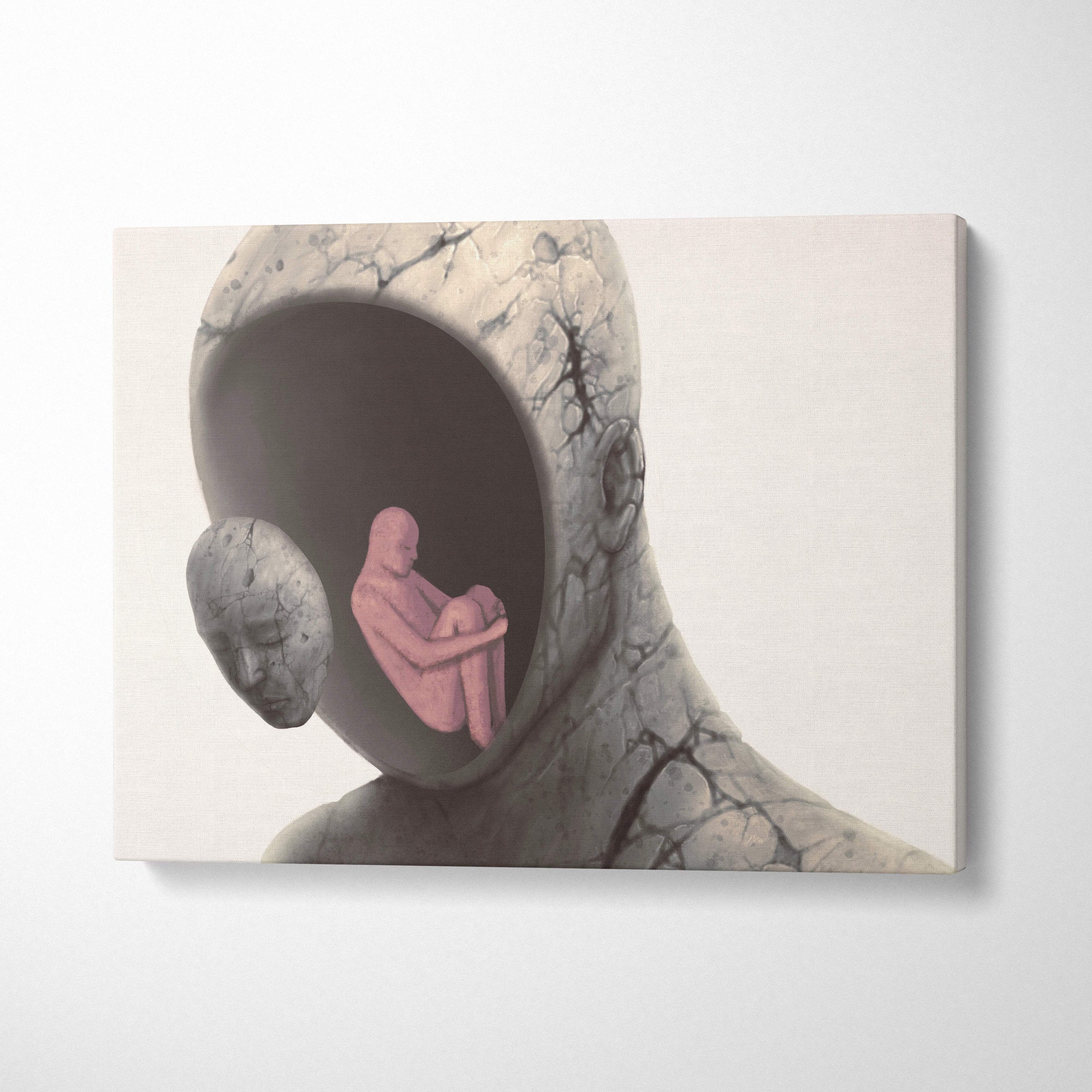 Contemporary inner child canvas wall art featuring a cracked gray stone head with a pink seated figure inside