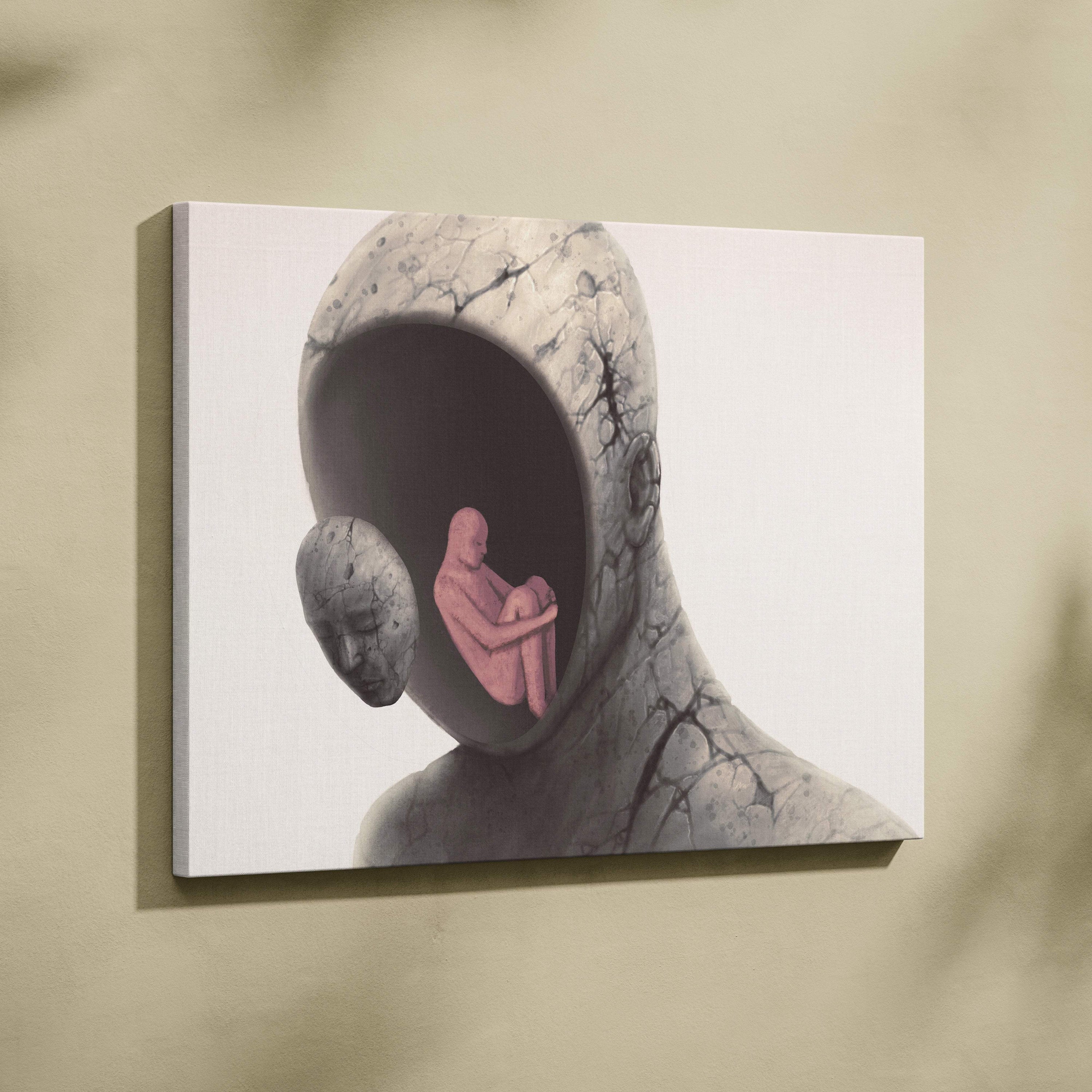 Contemporary inner child canvas wall art featuring a cracked gray stone head with a small pink figure inside mind cavity