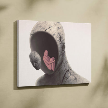 Contemporary inner child canvas wall art featuring a cracked gray stone head with a small pink figure inside mind cavity