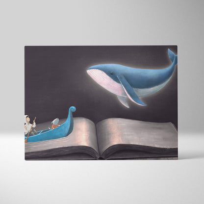 A whimsical blue whale swims above an open book with two figures in a boat on a canvas wall art print