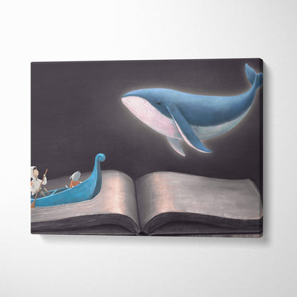 Contemporary whale book canvas wall art featuring a blue whale with white underbelly above an open book for nursery decor