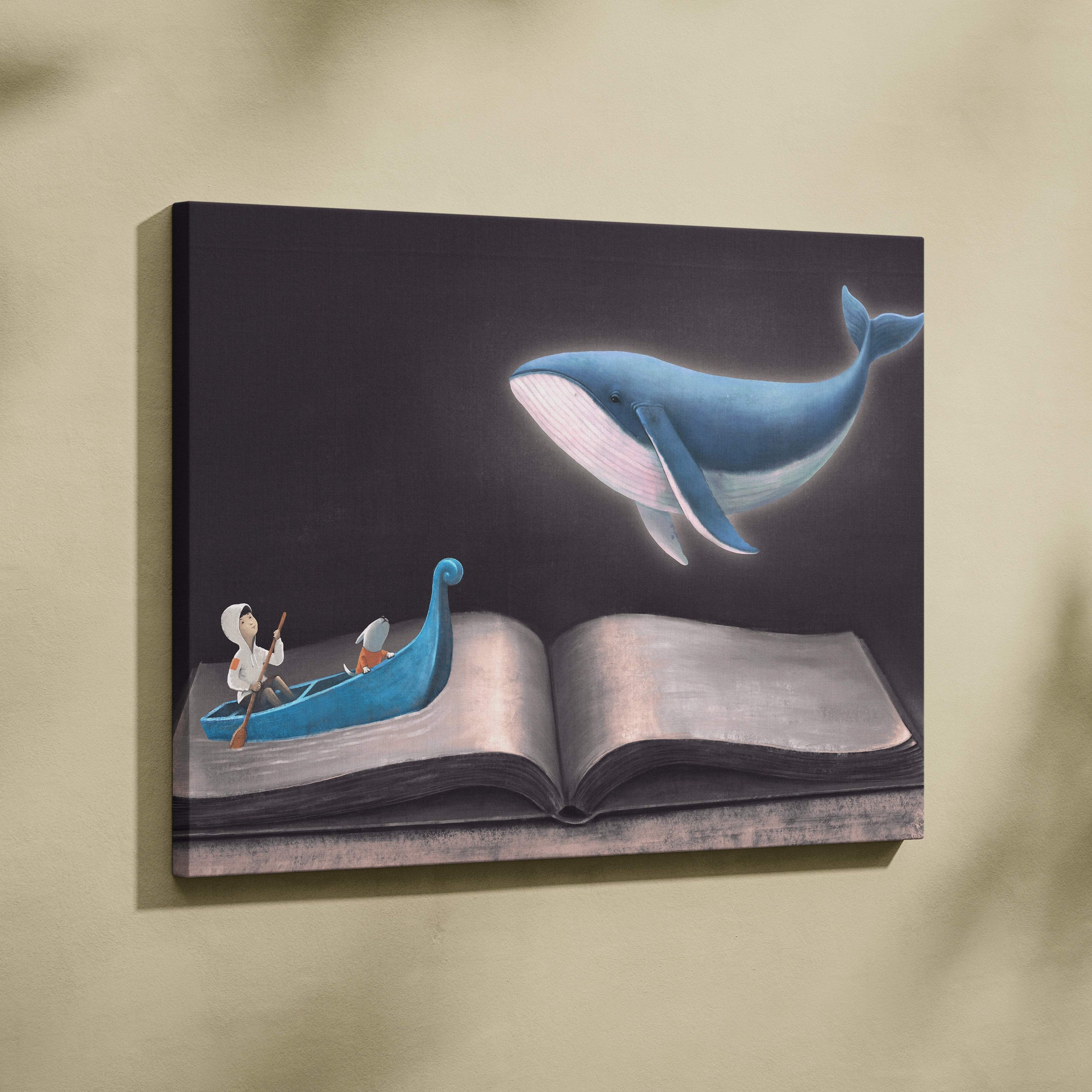 Contemporary whale book canvas wall art featuring a blue whale above an open book with two figures in a boat