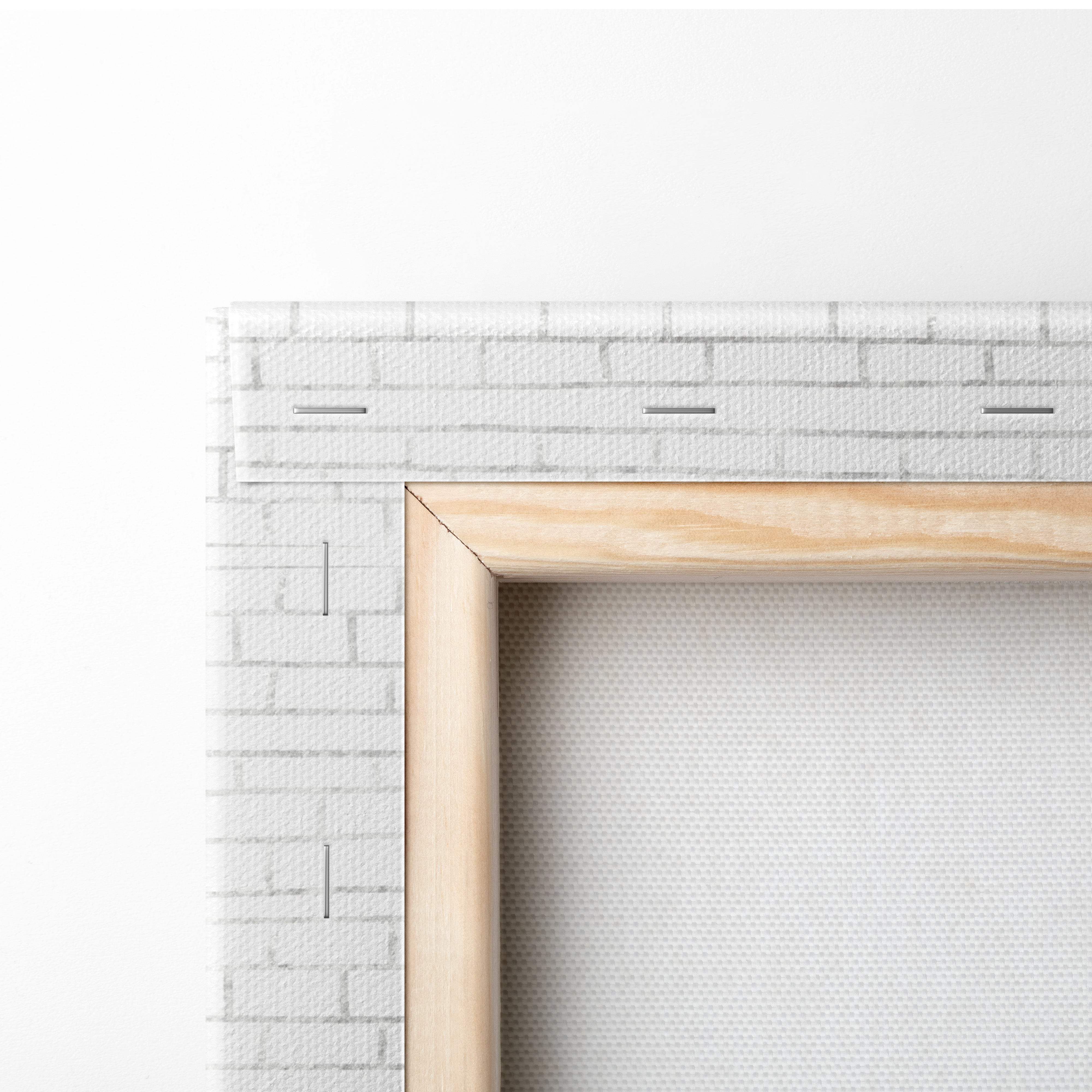 Light wood-framed canvas wall art with white brick-patterned backing for contemporary mental health office decor