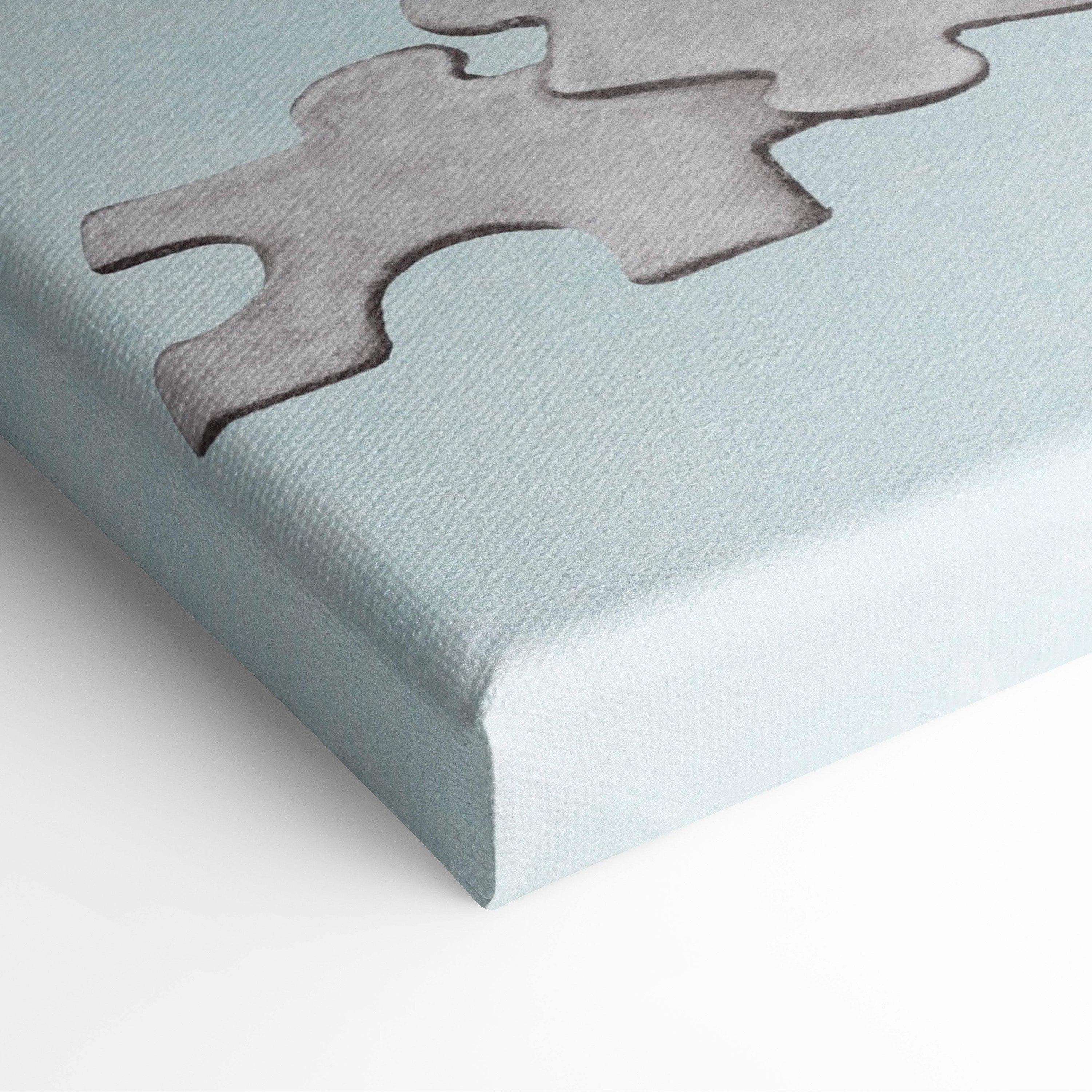 Light blue canvas print with gray puzzle piece design for modern psychology office decor and mental health awareness