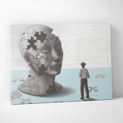 Gray puzzle-piece sculpture of a human head printed on canvas representing missing pieces mind concept for modern decor